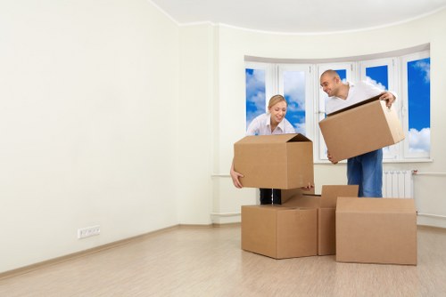 Office relocation equipment and desks being moved in Bermondsey