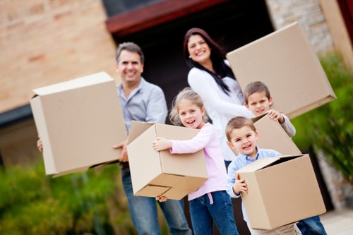 Packed office furniture and equipment ready for relocation